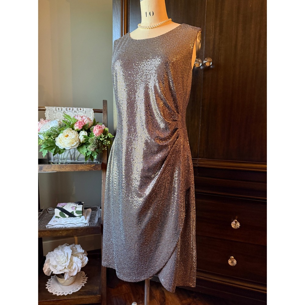 Laura Womens Metallic Shimmer Sleeveless Side Drape Sheath Cocktail Dress 12